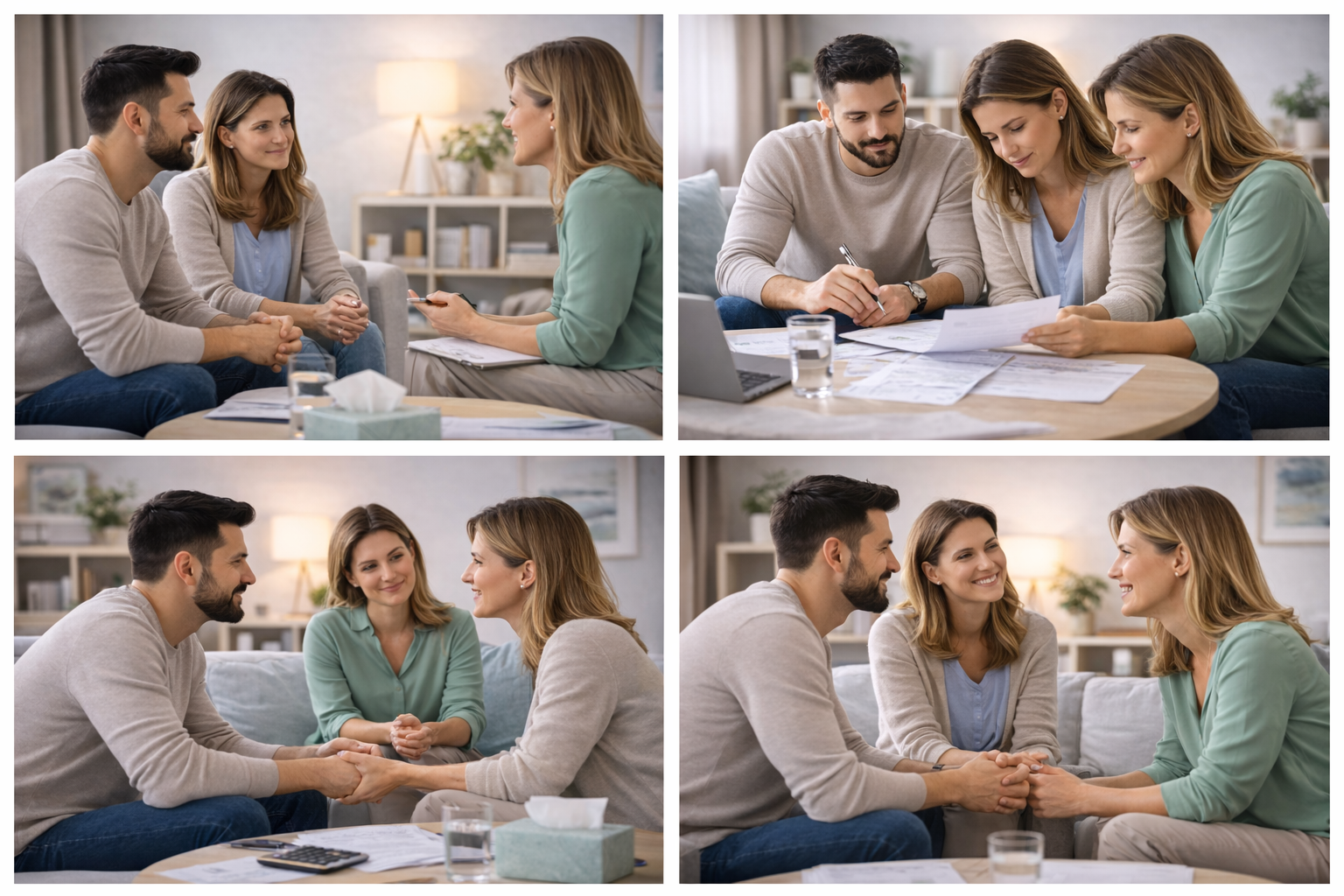 A family sitting together with a mediator, discussing arrangements in a calm and supportive environment